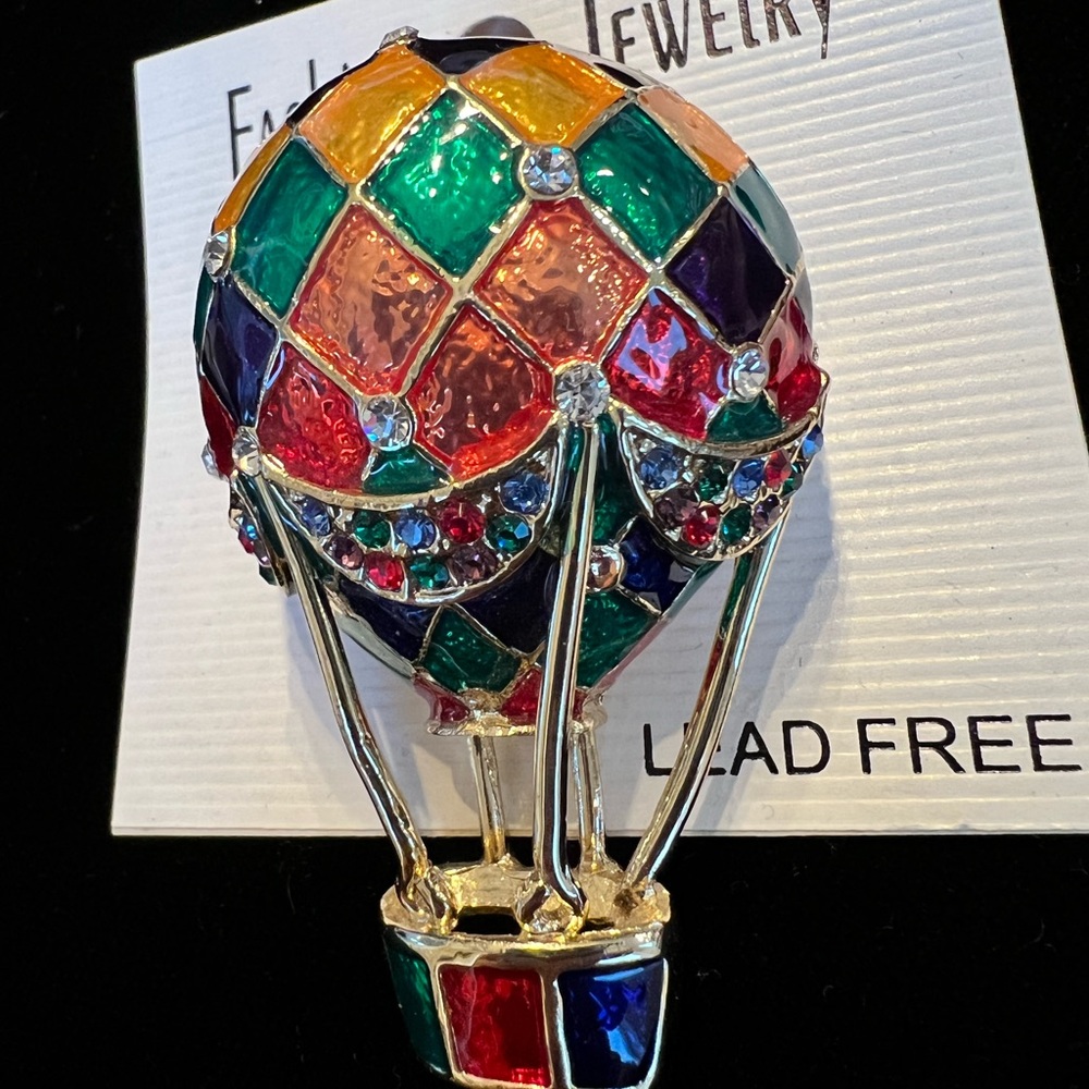 New, perfect condition Hot Air Balloon Brooch, gold and multi colored